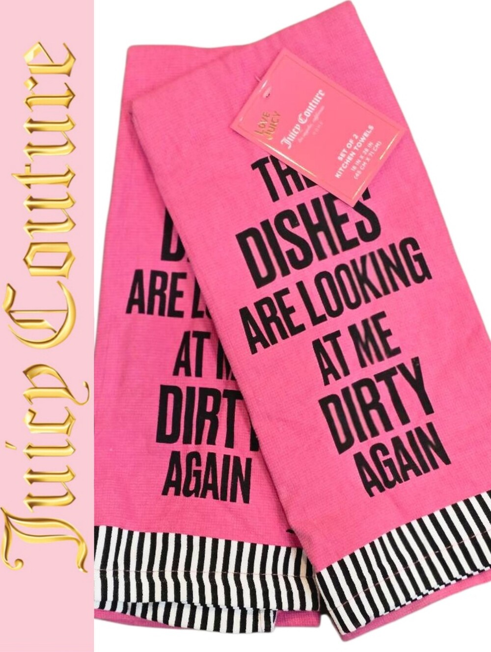 Juicy Couture Pink Black Striped Kitchen Towels - Set of 2